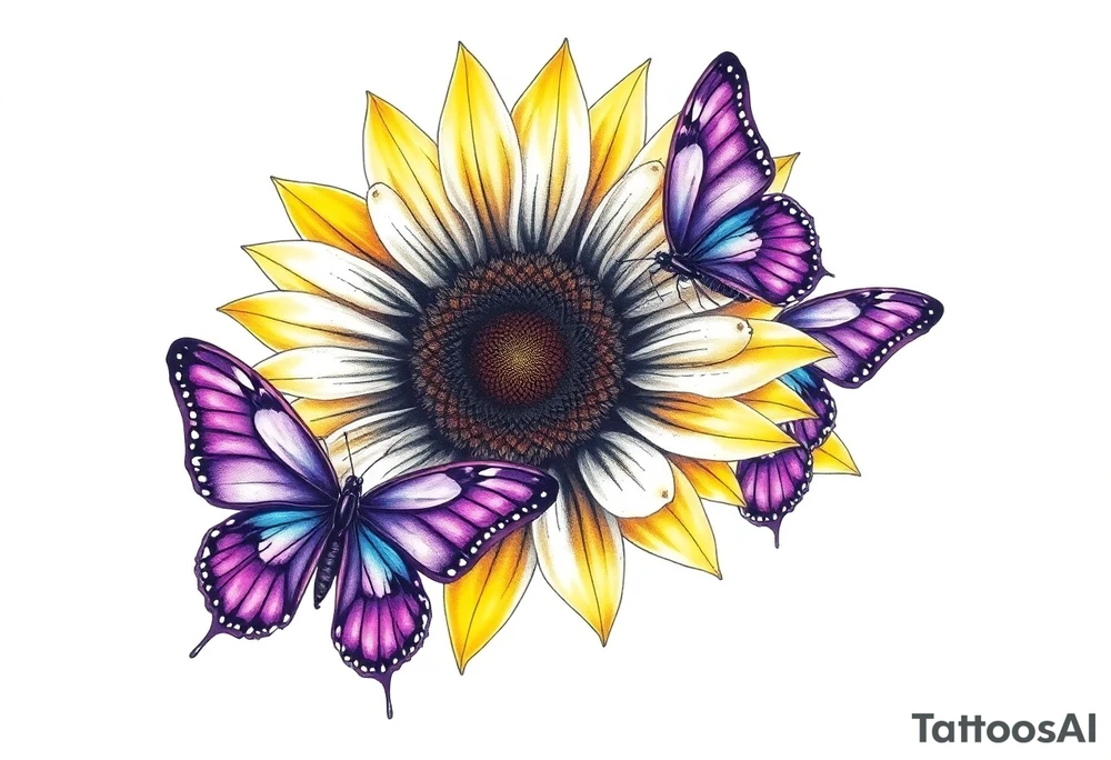 Sunflower with purple butterflies on side tattoo idea