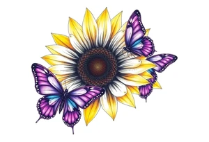 Sunflower with purple butterflies on side tattoo idea