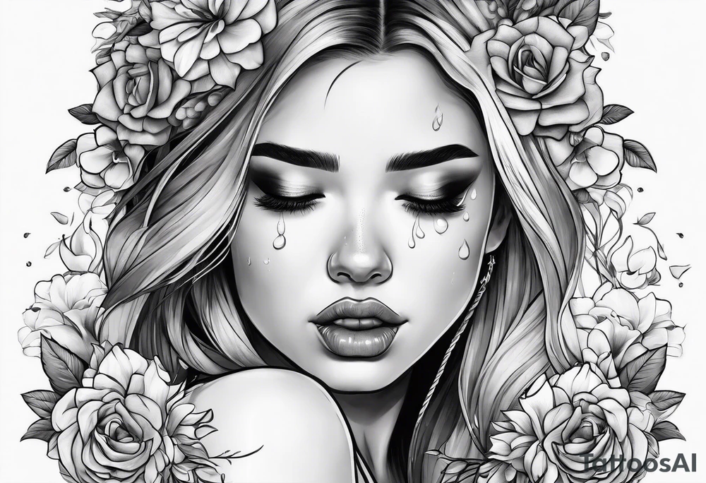 Girl crying, flowers, ropes tattoo idea
