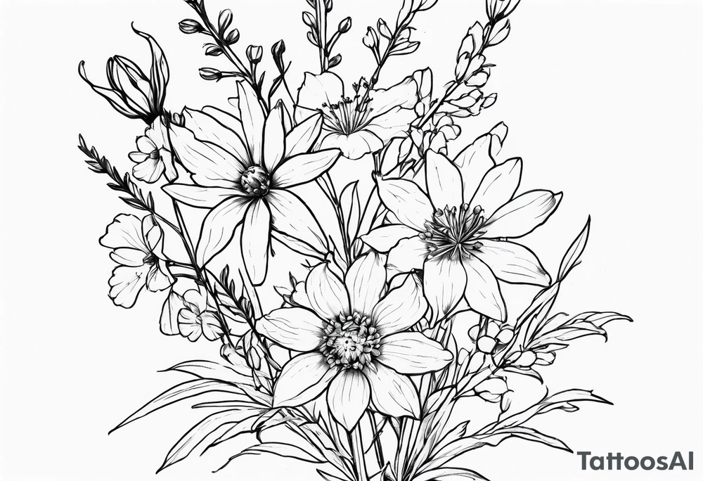 Aster and  delphinium tall bouquet tattoo idea