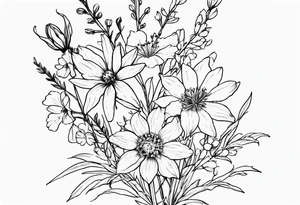 Aster and  delphinium tall bouquet tattoo idea