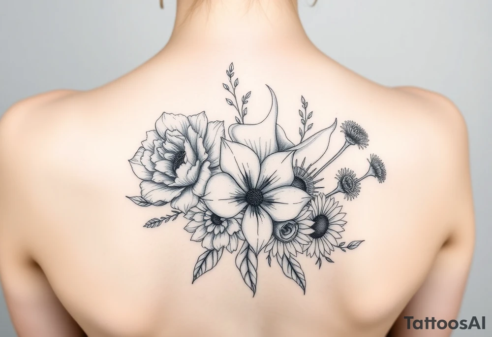 3d realistic Bouquet of flowers with a Carnation, a rose, a lily, a larksper, and a aster flowers. tattoo idea