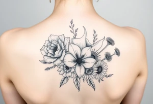 3d realistic Bouquet of flowers with a Carnation, a rose, a lily, a larksper, and a aster flowers. tattoo idea