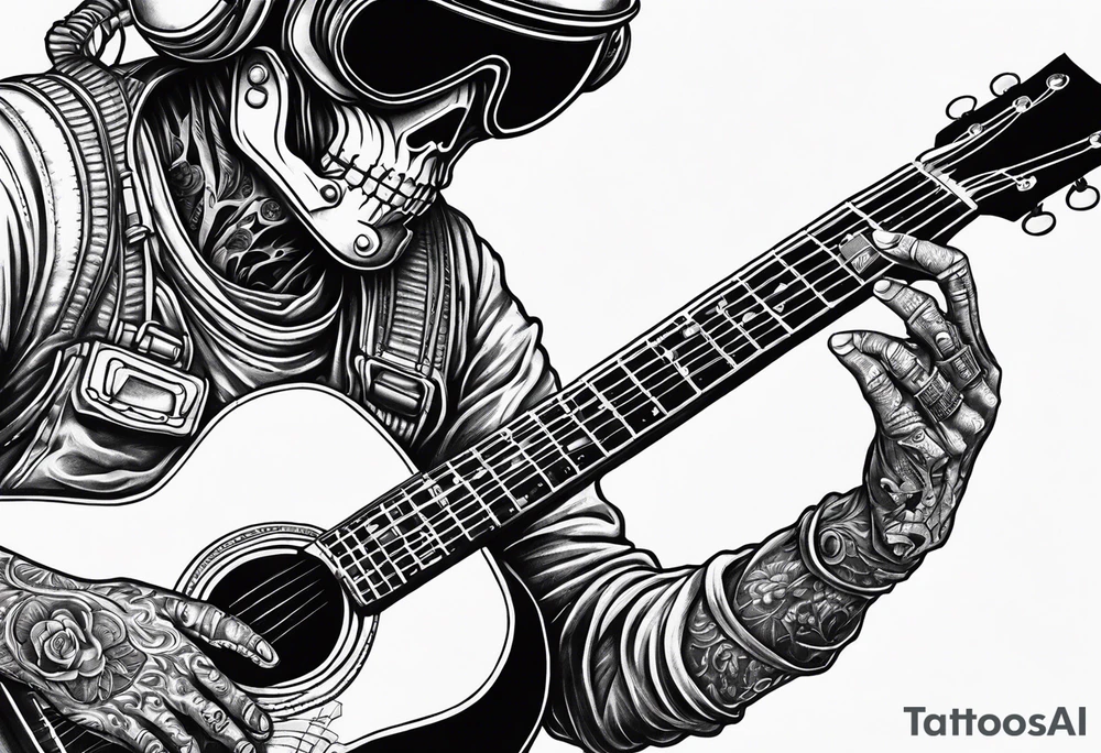 Skeleton astronaut playing acoustic guitar tattoo idea
