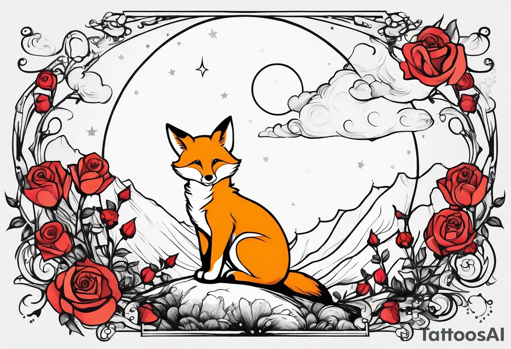 The Little prince sitting on his planet toghether with the fox on his planet besides his rose. Both are watching into the sky tattoo idea