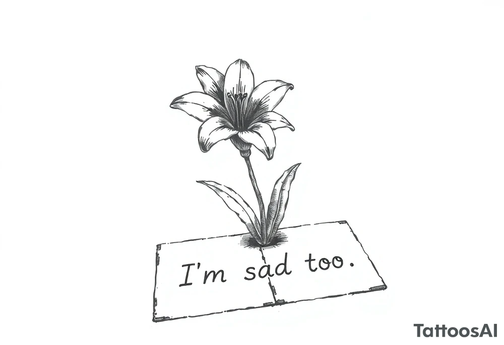 Lily growing out of tile floor with the words I’m sad too written small in the grout between two tiles tattoo idea