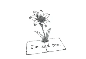 Lily growing out of tile floor with the words I’m sad too written small in the grout between two tiles tattoo idea