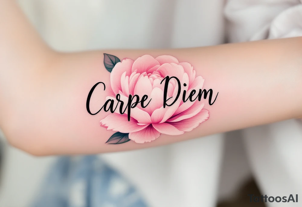 "Carpe Diem" in fine-line black ink curling around a soft pink peony. tattoo idea