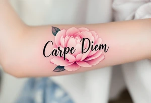 "Carpe Diem" in fine-line black ink curling around a soft pink peony. tattoo idea