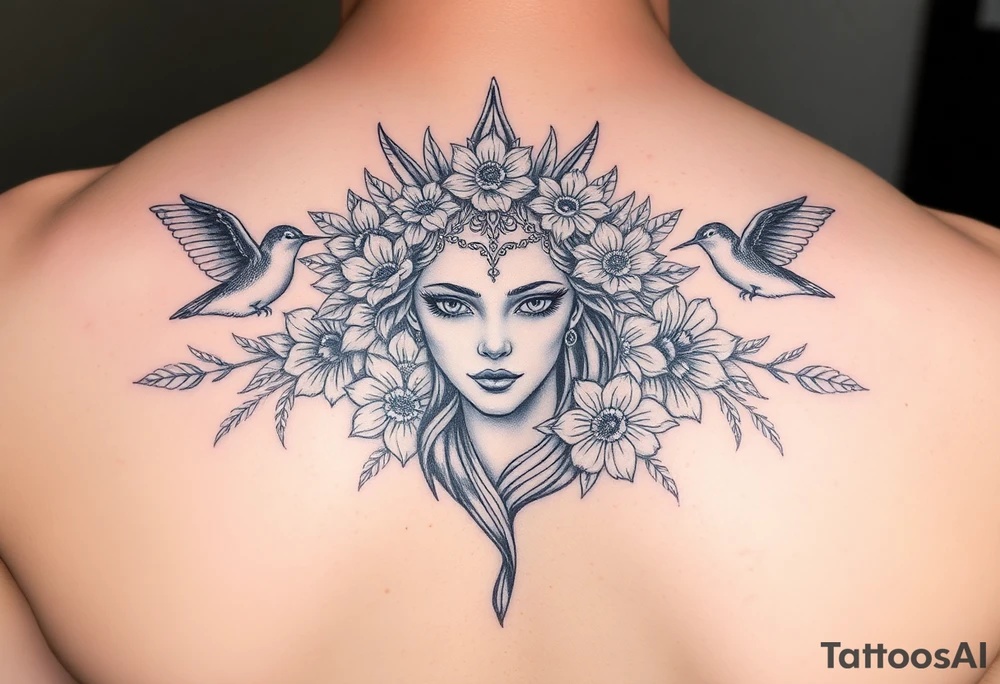 feminine medusa head surrounded by hummingbirds and flowers tattoo idea