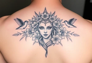 feminine medusa head surrounded by hummingbirds and flowers tattoo idea