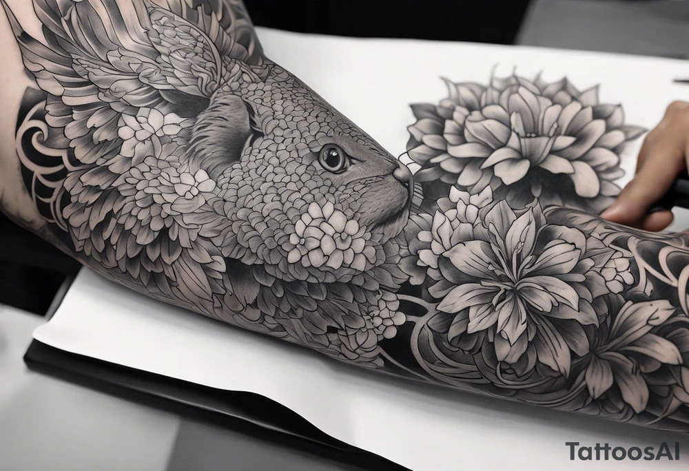 High contrast black and grey Japanese full arm sleeve tattoo idea