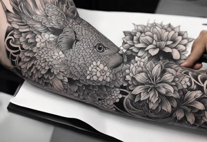High contrast black and grey Japanese full arm sleeve tattoo idea