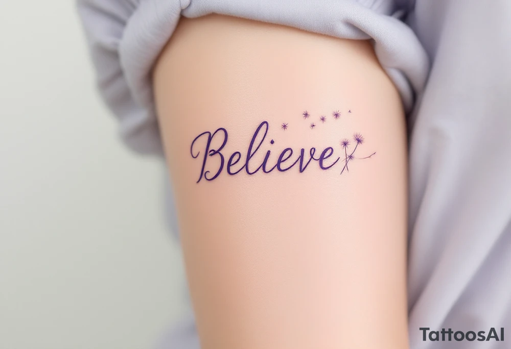 The word "Believe" in soft lavender, with a dandelion gently blowing in the wind, representing wishes and hope for the future. tattoo idea