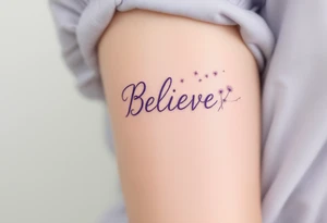The word "Believe" in soft lavender, with a dandelion gently blowing in the wind, representing wishes and hope for the future. tattoo idea