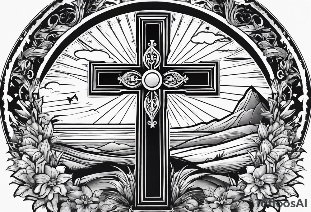 Tomb with cross and sun in the background tattoo idea
