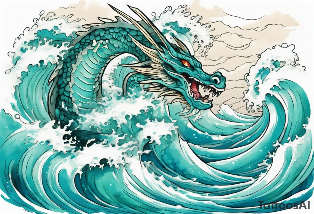 a beautiful turquoise sea serpent emerging from an ocean wave, crashing onto the shore tattoo idea