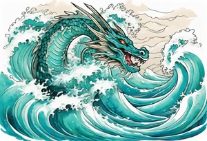 a beautiful turquoise sea serpent emerging from an ocean wave, crashing onto the shore tattoo idea