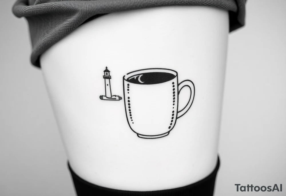 A mug of coffee
 with a picture of a 
 lighthouse on the the mug and a cigarette laying next to it tattoo idea