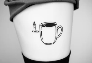 A mug of coffee
 with a picture of a 
 lighthouse on the the mug and a cigarette laying next to it tattoo idea