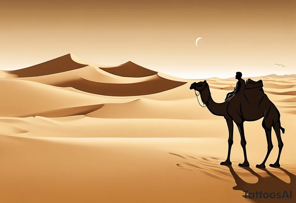 Design a tattoo depicting a distant view of a vast desert landscape with low, undulating sand dunes. Capture a man and his camel moving away, leaving footprints in the sand, both resilient against the harsh environment. The man covers his face with a long cloth, adding a sense of mystery and solitude to the scene. tattoo idea