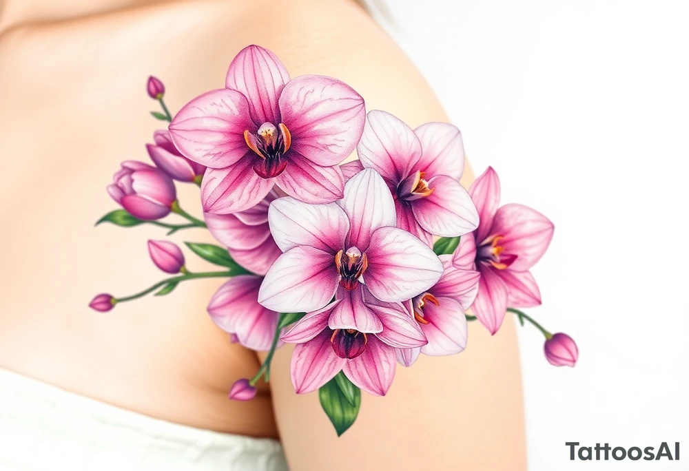 A bouquet of orchids intertwined with roses and lilies, bursting with soft pink and lavender hues tattoo idea