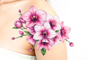 A bouquet of orchids intertwined with roses and lilies, bursting with soft pink and lavender hues tattoo idea