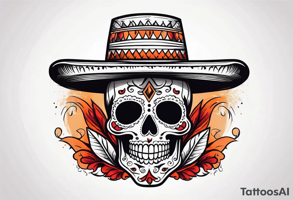 Mexican skull with sombrero with smoke coming out of the bottom orange and red tattoo idea