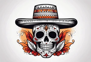 Mexican skull with sombrero with smoke coming out of the bottom orange and red tattoo idea