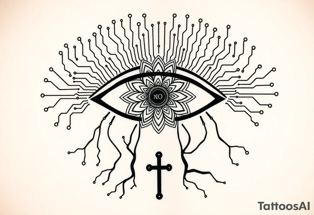 Central Element: A large, stylized eye is the focal point.

The iris of the eye is filled with a mandala pattern, symbolizing depth, balance, and inner awareness.

The lines are fine and clean, forming symmetrical layers and floral-like geometry within the mandala.

Upper Design: From the top of the eye extend circuit-like branches, mimicking electronic pathways.

These lines rise vertically and diagonally in symmetrical fashion, ending in rounded circuit nodes, representing intelligence, logic, and the digital mind.

Lower Design: From the bottom of the eye extend natural tree roots.

These branches flow organically and curve outward, grounding the symbol with themes of nature, growth, and spiritual connection.

Text Element: Below the tree roots is the word "σοφία" in Ancient Greek, meaning wisdom.

The font is clean and classical, giving it a timeless, philosophical presence.

Religious Symbol: Directly below the Greek word is a simple, black cross.

The cross is thin, minimal, and vertically aligned with the center of the eye, representing faith, spirituality, or divine guidance.

Placement: back tattoo idea