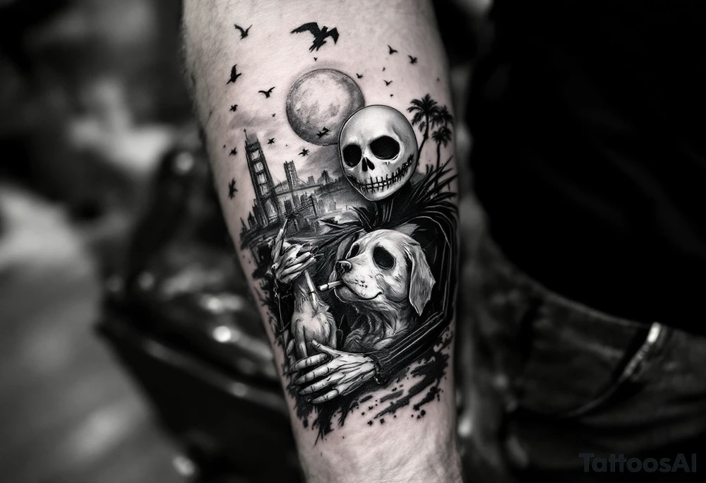 majestic jack skellington with dog,smoking a blunt and fishing,surrounded by city buildings,golden gate bridge, birds, palm trees, tattoo idea