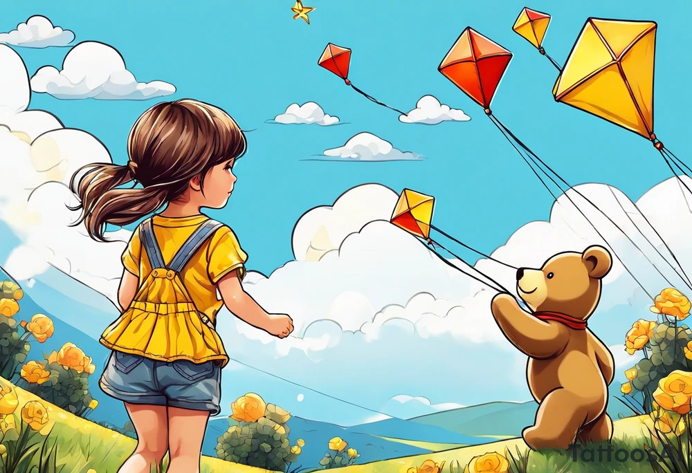 back image of a little girl flying a kite with a teddy bear in yellow overalls standing beside her tattoo idea