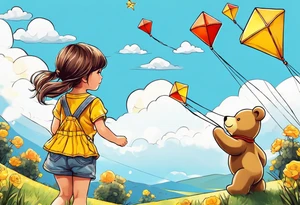 back image of a little girl flying a kite with a teddy bear in yellow overalls standing beside her tattoo idea