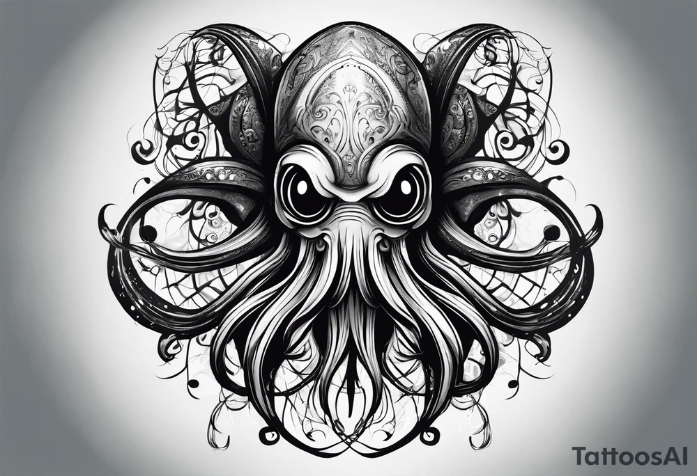 The equivalent of a horror and bizarre squid avatar. twisting and intersecting lines, making it look very wild and chaotic. The eyes of the squid are particularly prominent, one of them is white and the other is black, the overall expression is crazy and intense, with some distressed or damaged texture effects. tattoo idea