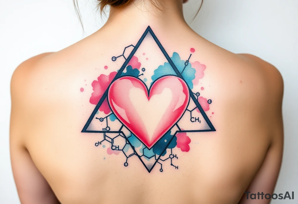 A triangle with a big heart in the center with chemical structures tattoo idea