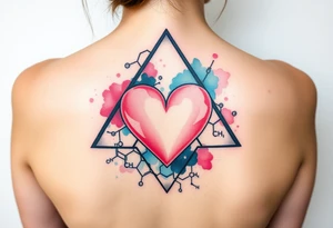 A triangle with a big heart in the center with chemical structures tattoo idea