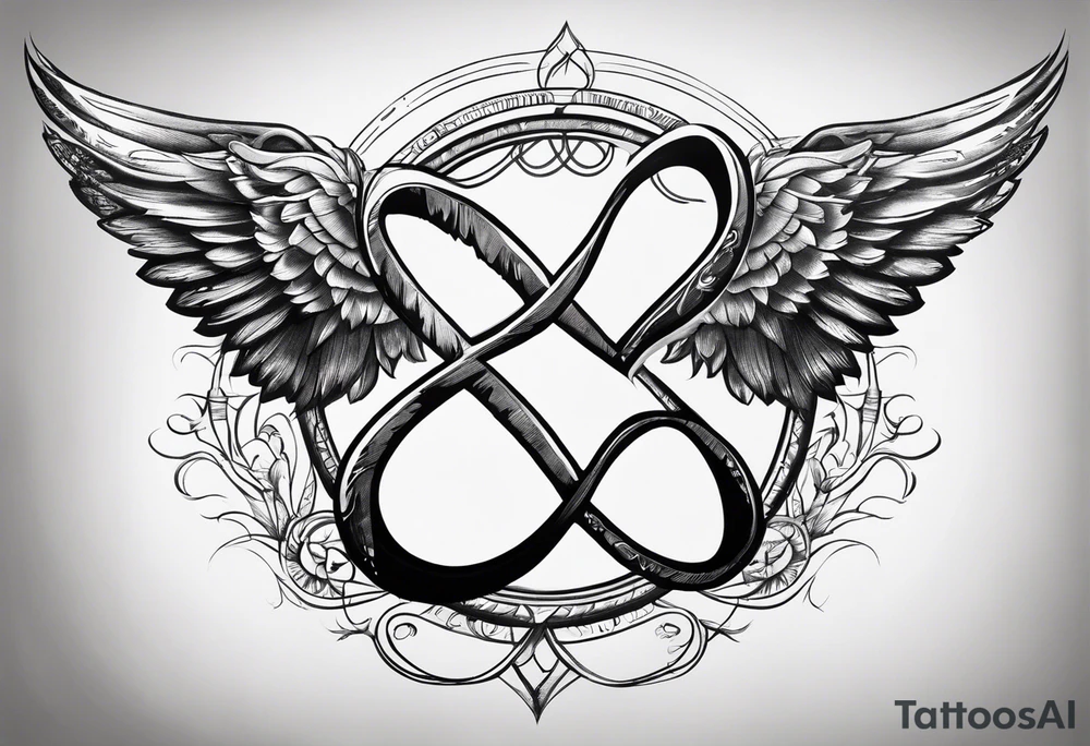 Infinity sign with dates 01/59-02/16 and angle wings in the background tattoo idea