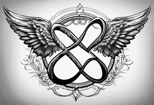 Infinity sign with dates 01/59-02/16 and angle wings in the background tattoo idea