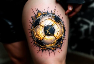 A cracked soccer ball with golden light spilling from inside like a treasure. tattoo idea