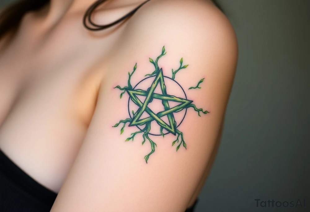 A nature-inspired pentagram made of twisted roots, with glowing green veins pulsing with life. tattoo idea