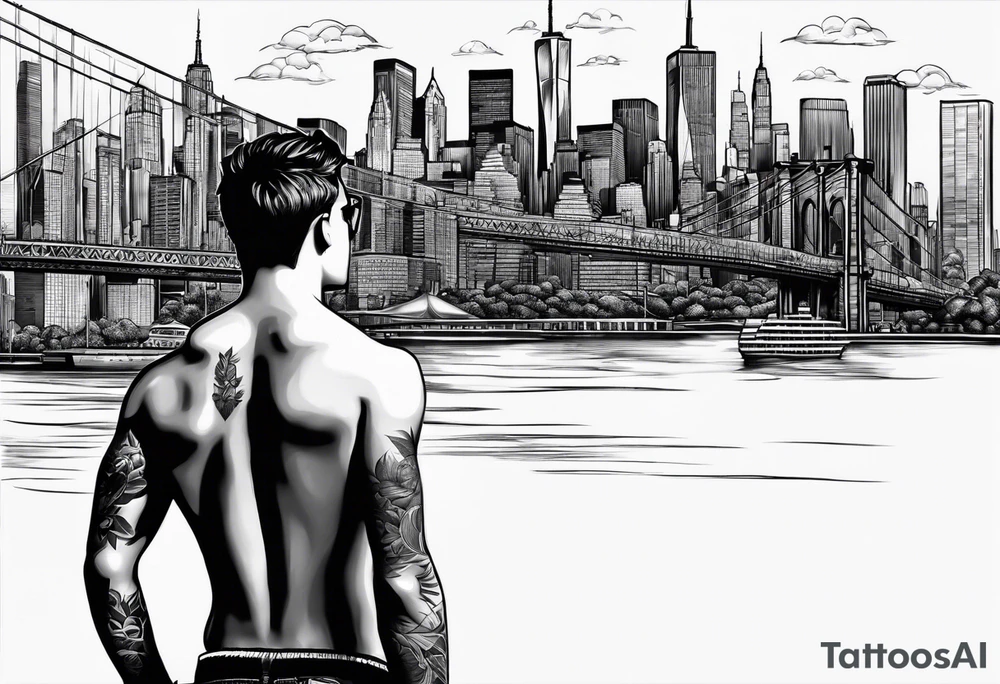 Teenager standing in the distance from NYC skyline tattoo idea