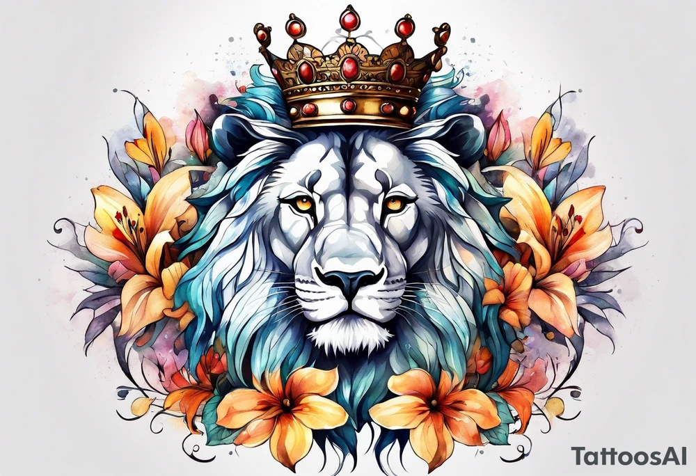 African lion covered in lilies butterflies crown tattoo idea