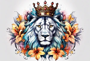 African lion covered in lilies butterflies crown tattoo idea