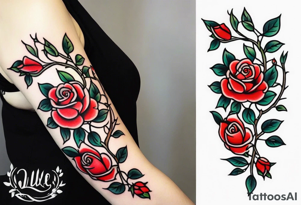sleeve tattoo traditional style with lots of small roses on a vine tattoo idea