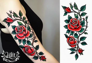 sleeve tattoo traditional style with lots of small roses on a vine tattoo idea