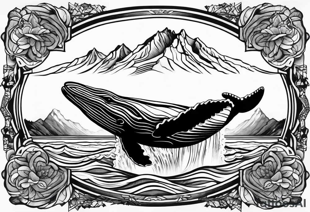 breaching humpback whale in front of a drawing of the Rocky mountains tattoo idea