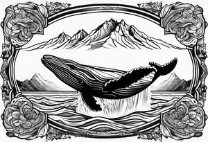 breaching humpback whale in front of  a drawing of the Rocky mountains tattoo idea