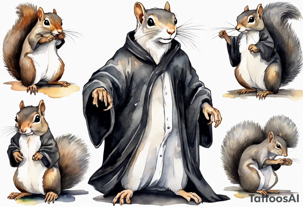 an elderly grey squirrel with a white beard and mustache wearing a black robe standing in an ancient library tattoo idea