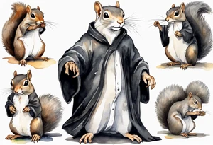 an elderly grey squirrel with a white beard and mustache wearing a black robe standing in an ancient library tattoo idea