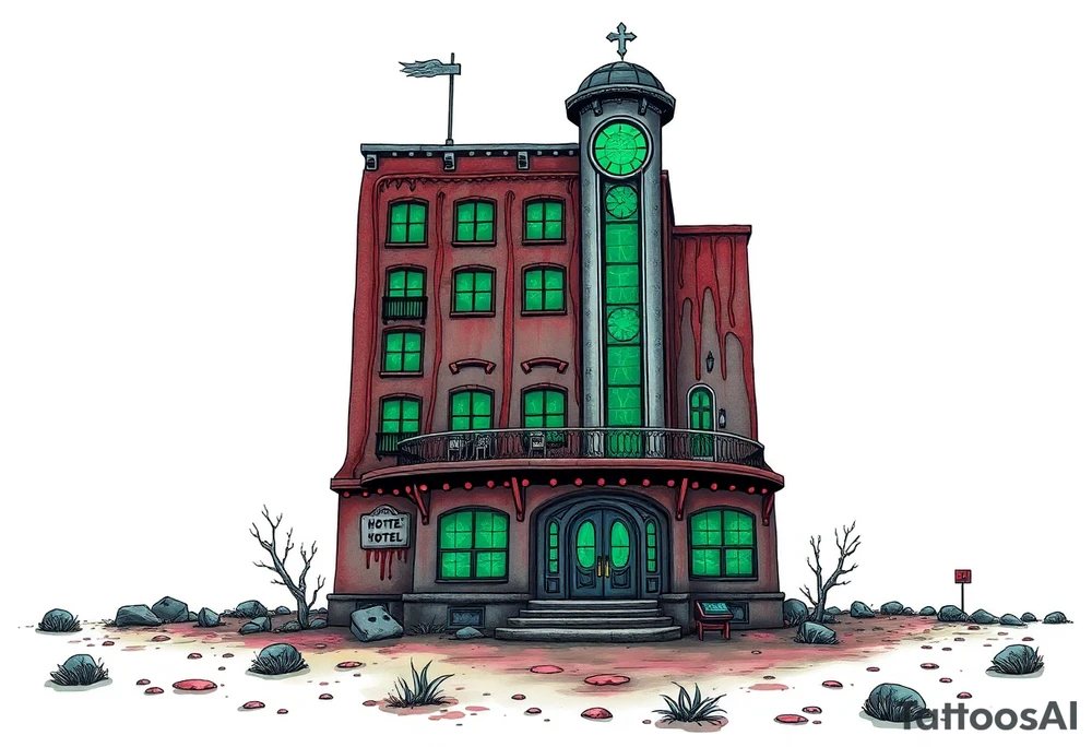 Tim Burton’s vegas sex hotel from outside viewis abandoned and dripping with muted reds, dusty pinks, and eerie green glow. tattoo idea tattoo idea